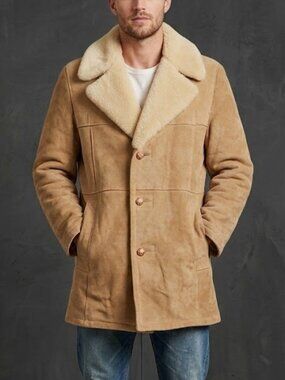London Fog Lambskin Leather Shearling Collar Sheepskin Ranch Coat Jacket Men's L